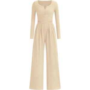 imagePRETTYGARDEN Jumpsuits for Women Dressy Casual 2025 Fall One Piece Outfits Long Sleeve Crew Neck Wide Leg Pants RompersBeige
