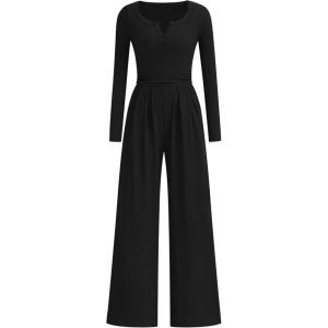 imagePRETTYGARDEN Jumpsuits for Women Dressy Casual 2025 Fall One Piece Outfits Long Sleeve Crew Neck Wide Leg Pants RompersBlack