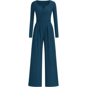 imagePRETTYGARDEN Jumpsuits for Women Dressy Casual 2025 Fall One Piece Outfits Long Sleeve Crew Neck Wide Leg Pants RompersLake Blue