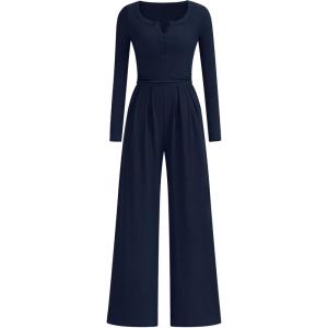 imagePRETTYGARDEN Jumpsuits for Women Dressy Casual 2025 Fall One Piece Outfits Long Sleeve Crew Neck Wide Leg Pants RompersNavy Blue
