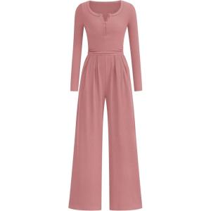 imagePRETTYGARDEN Jumpsuits for Women Dressy Casual 2025 Fall One Piece Outfits Long Sleeve Crew Neck Wide Leg Pants RompersPink