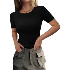 imagePRETTYGARDEN Women 2025 Summer Crew Neck Short Sleeve Tops Ribbed Knit Slim Fit Fashion Basic Tee Shirts Casual Going Out TopBlack