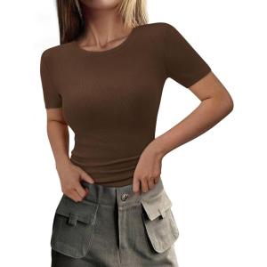 imagePRETTYGARDEN Women 2025 Summer Crew Neck Short Sleeve Tops Ribbed Knit Slim Fit Fashion Basic Tee Shirts Casual Going Out TopCoffee