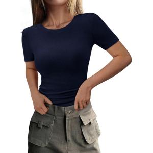 imagePRETTYGARDEN Women 2025 Summer Crew Neck Short Sleeve Tops Ribbed Knit Slim Fit Fashion Basic Tee Shirts Casual Going Out TopDark Blue
