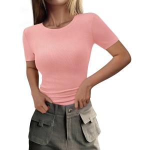 imagePRETTYGARDEN Women 2025 Summer Crew Neck Short Sleeve Tops Ribbed Knit Slim Fit Fashion Basic Tee Shirts Casual Going Out TopPink