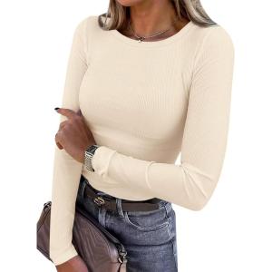 imagePRETTYGARDEN Women 2025 Summer Fall Long Sleeve Shirts Ribbed Crewneck Fitted Basic Tee Going Out Tops Casual Workout OutfitsBeige