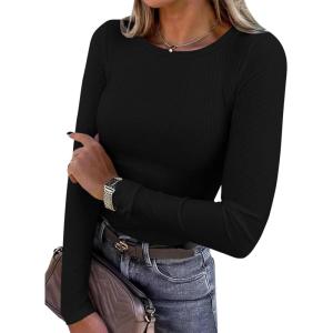 imagePRETTYGARDEN Women 2025 Summer Fall Long Sleeve Shirts Ribbed Crewneck Fitted Basic Tee Going Out Tops Casual Workout OutfitsBlack