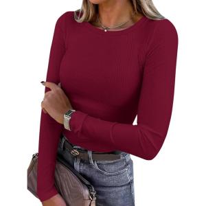 imagePRETTYGARDEN Women 2025 Summer Fall Long Sleeve Shirts Ribbed Crewneck Fitted Basic Tee Going Out Tops Casual Workout OutfitsBurgundy