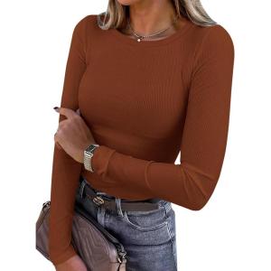imagePRETTYGARDEN Women 2025 Summer Fall Long Sleeve Shirts Ribbed Crewneck Fitted Basic Tee Going Out Tops Casual Workout OutfitsCaramel