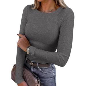 imagePRETTYGARDEN Women 2025 Summer Fall Long Sleeve Shirts Ribbed Crewneck Fitted Basic Tee Going Out Tops Casual Workout OutfitsCharcoal