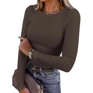 imagePRETTYGARDEN Women 2025 Summer Fall Long Sleeve Shirts Ribbed Crewneck Fitted Basic Tee Going Out Tops Casual Workout OutfitsDark Brown