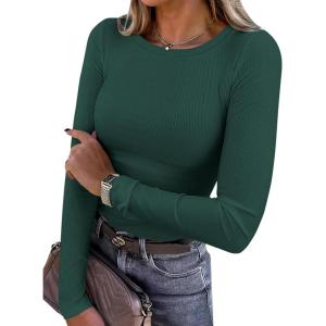 imagePRETTYGARDEN Women 2025 Summer Fall Long Sleeve Shirts Ribbed Crewneck Fitted Basic Tee Going Out Tops Casual Workout OutfitsDark Green