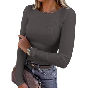 imagePRETTYGARDEN Women 2025 Summer Fall Long Sleeve Shirts Ribbed Crewneck Fitted Basic Tee Going Out Tops Casual Workout OutfitsDark Grey
