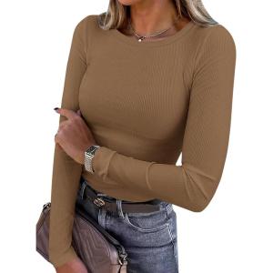 imagePRETTYGARDEN Women 2025 Summer Fall Long Sleeve Shirts Ribbed Crewneck Fitted Basic Tee Going Out Tops Casual Workout OutfitsDark Khaki