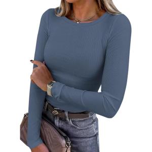 imagePRETTYGARDEN Women 2025 Summer Fall Long Sleeve Shirts Ribbed Crewneck Fitted Basic Tee Going Out Tops Casual Workout OutfitsDusty Blue
