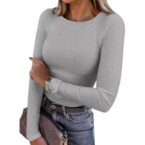 imagePRETTYGARDEN Women 2025 Summer Fall Long Sleeve Shirts Ribbed Crewneck Fitted Basic Tee Going Out Tops Casual Workout OutfitsGrey