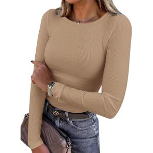 imagePRETTYGARDEN Women 2025 Summer Fall Long Sleeve Shirts Ribbed Crewneck Fitted Basic Tee Going Out Tops Casual Workout OutfitsKhaki