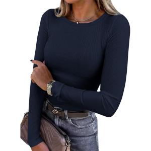 imagePRETTYGARDEN Women 2025 Summer Fall Long Sleeve Shirts Ribbed Crewneck Fitted Basic Tee Going Out Tops Casual Workout OutfitsNavy Blue