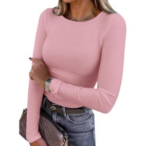 imagePRETTYGARDEN Women 2025 Summer Fall Long Sleeve Shirts Ribbed Crewneck Fitted Basic Tee Going Out Tops Casual Workout OutfitsPink