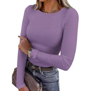 imagePRETTYGARDEN Women 2025 Summer Fall Long Sleeve Shirts Ribbed Crewneck Fitted Basic Tee Going Out Tops Casual Workout OutfitsPurple
