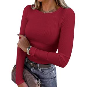 imagePRETTYGARDEN Women 2025 Summer Fall Long Sleeve Shirts Ribbed Crewneck Fitted Basic Tee Going Out Tops Casual Workout OutfitsRed