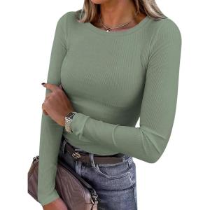 imagePRETTYGARDEN Women 2025 Summer Fall Long Sleeve Shirts Ribbed Crewneck Fitted Basic Tee Going Out Tops Casual Workout OutfitsSage Green