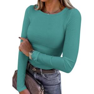 imagePRETTYGARDEN Women 2025 Summer Fall Long Sleeve Shirts Ribbed Crewneck Fitted Basic Tee Going Out Tops Casual Workout OutfitsTeal