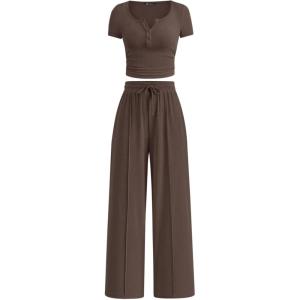 imagePRETTYGARDEN Womens 2 Piece Outfits Summer 2025 Ribbed Knit Button Short Sleeve Tops Casual Wide Leg Pants Lounge SetsCoffee