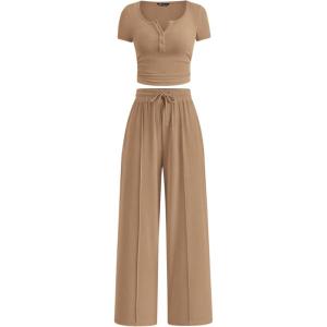 imagePRETTYGARDEN Womens 2 Piece Outfits Summer 2025 Ribbed Knit Button Short Sleeve Tops Casual Wide Leg Pants Lounge SetsKhaki