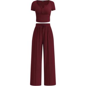 imagePRETTYGARDEN Womens 2 Piece Outfits Summer 2025 Ribbed Knit Button Short Sleeve Tops Casual Wide Leg Pants Lounge SetsWine Red