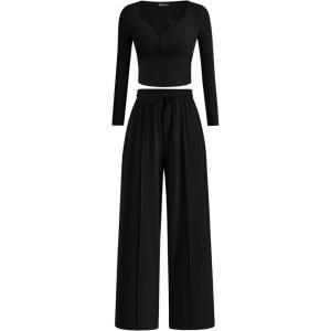 imagePRETTYGARDEN Womens 2025 Fall Trendy 2 Piece Outfits Lounge Sets Long Sleeve Top Henley Shirts Wide Leg Pants Travel ClothesBlack