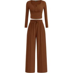 imagePRETTYGARDEN Womens 2025 Fall Trendy 2 Piece Outfits Lounge Sets Long Sleeve Top Henley Shirts Wide Leg Pants Travel ClothesBrown