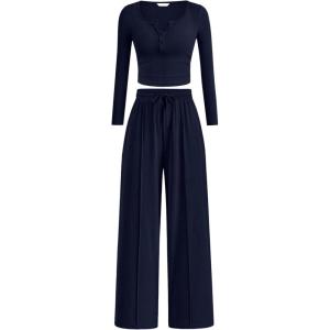 imagePRETTYGARDEN Womens 2025 Fall Trendy 2 Piece Outfits Lounge Sets Long Sleeve Top Henley Shirts Wide Leg Pants Travel ClothesNavy Blue