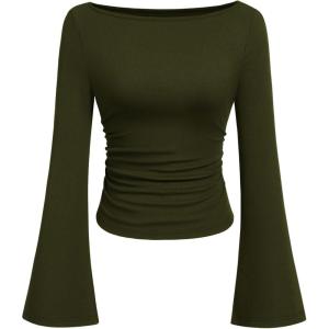 imagePRETTYGARDEN Womens Long Sleeve Shirts 2025 Fall Going Out Tops Casual Boat Neck Bell Sleeve Ribbed Ruched Y2K ClothesArmy Green
