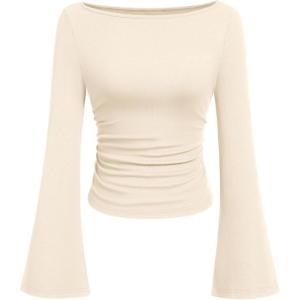 imagePRETTYGARDEN Womens Long Sleeve Shirts 2025 Fall Going Out Tops Casual Boat Neck Bell Sleeve Ribbed Ruched Y2K ClothesBeige