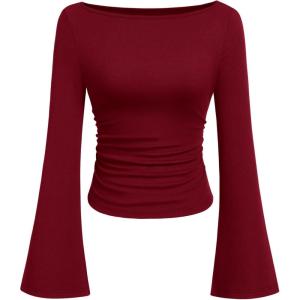 imagePRETTYGARDEN Womens Long Sleeve Shirts 2025 Fall Going Out Tops Casual Boat Neck Bell Sleeve Ribbed Ruched Y2K ClothesBurgundy