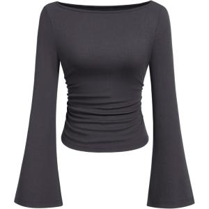 imagePRETTYGARDEN Womens Long Sleeve Shirts 2025 Fall Going Out Tops Casual Boat Neck Bell Sleeve Ribbed Ruched Y2K ClothesDark Grey