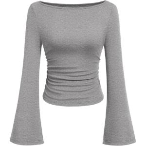 imagePRETTYGARDEN Womens Long Sleeve Shirts 2025 Fall Going Out Tops Casual Boat Neck Bell Sleeve Ribbed Ruched Y2K ClothesGrey