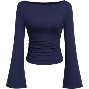 imagePRETTYGARDEN Womens Long Sleeve Shirts 2025 Fall Going Out Tops Casual Boat Neck Bell Sleeve Ribbed Ruched Y2K ClothesNavy Blue