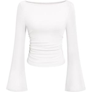 imagePRETTYGARDEN Womens Long Sleeve Shirts 2025 Fall Going Out Tops Casual Boat Neck Bell Sleeve Ribbed Ruched Y2K ClothesWhite