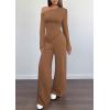 imagePRETTYGARDEN Casual Two Piece Sets for Women Fall Outfits 2025 Asymmetrical Off Shoulder Tops Wide Leg Pants Knit Lounge SetBrown