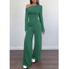 imagePRETTYGARDEN Casual Two Piece Sets for Women Fall Outfits 2025 Asymmetrical Off Shoulder Tops Wide Leg Pants Knit Lounge SetDark Green
