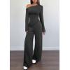 imagePRETTYGARDEN Casual Two Piece Sets for Women Fall Outfits 2025 Asymmetrical Off Shoulder Tops Wide Leg Pants Knit Lounge SetDark Grey