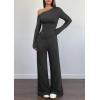 imagePRETTYGARDEN Casual Two Piece Sets for Women Fall Outfits 2025 Asymmetrical Off Shoulder Tops Wide Leg Pants Knit Lounge SetDark Grey