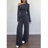 imagePRETTYGARDEN Casual Two Piece Sets for Women Fall Outfits 2025 Asymmetrical Off Shoulder Tops Wide Leg Pants Knit Lounge SetNavy