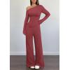 imagePRETTYGARDEN Casual Two Piece Sets for Women Fall Outfits 2025 Asymmetrical Off Shoulder Tops Wide Leg Pants Knit Lounge SetWine Red
