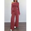 imagePRETTYGARDEN Casual Two Piece Sets for Women Fall Outfits 2025 Asymmetrical Off Shoulder Tops Wide Leg Pants Knit Lounge SetWine Red