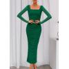 imagePRETTYGARDEN Fall Wedding Guest Dresses for Women 2025 Ruched Bodycon Midi Long Sleeve Formal Cocktail DressDark Green