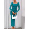 imagePRETTYGARDEN Fall Wedding Guest Dresses for Women 2025 Ruched Bodycon Midi Long Sleeve Formal Cocktail DressLake Blue