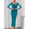 imagePRETTYGARDEN Fall Wedding Guest Dresses for Women 2025 Ruched Bodycon Midi Long Sleeve Formal Cocktail DressLake Blue
